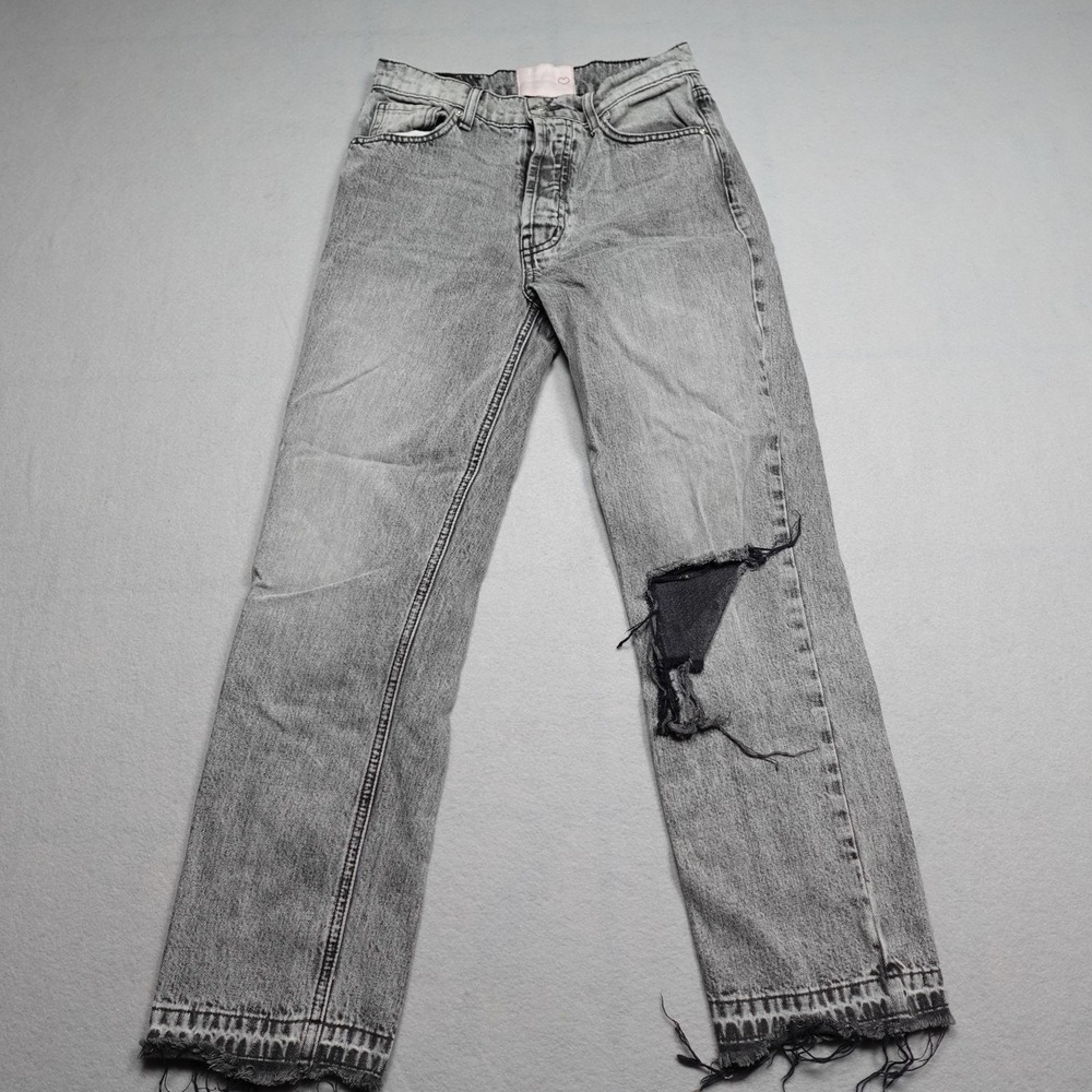 Revice Pants Womens 27 Gray Cropped Straight Denim Fringe Stretch Button Fly